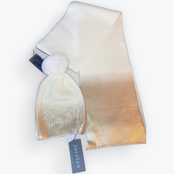 Jocelyn Ombré Metallic Rose Gold Hat w/Faux Fur Pom & Scarf Set - Picture 2 of 6